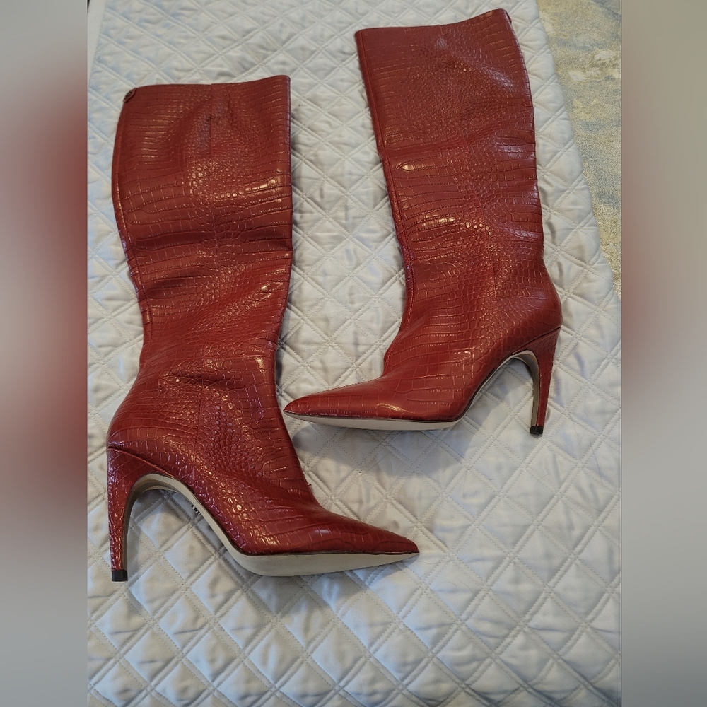 Guess Red Croc-Embossed Pointed-Toe Knee Boots